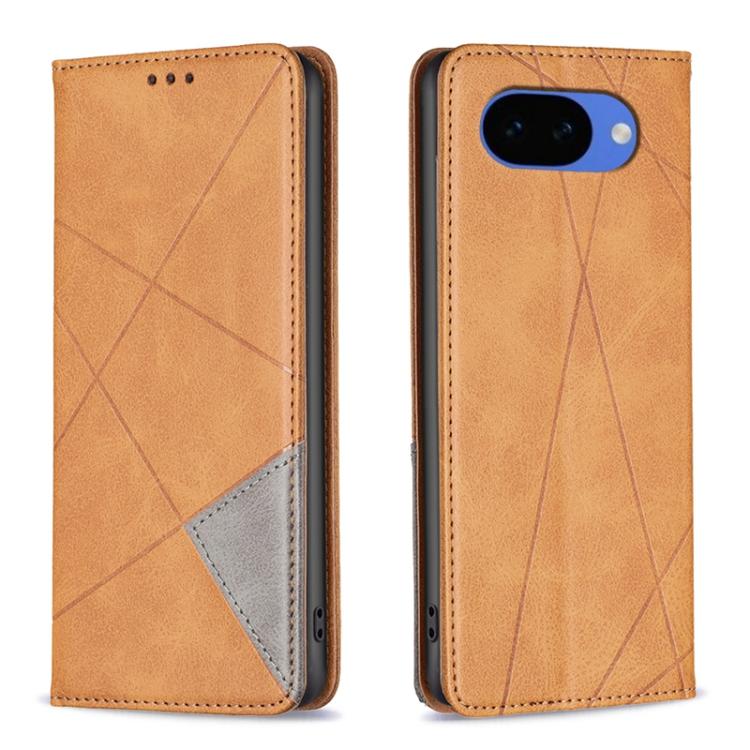 Light brown leather phone case with rhombus texture, magnetic closure, rear camera cutout