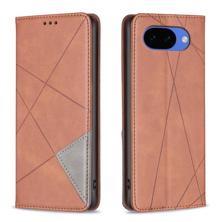Brown rhombus-texture magnetic leather phone wallet case with flap and side openings