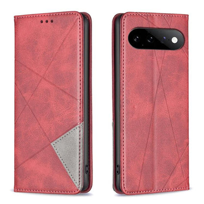 Red leather phone case with rhombus texture, magnetic closure, rear camera cutout