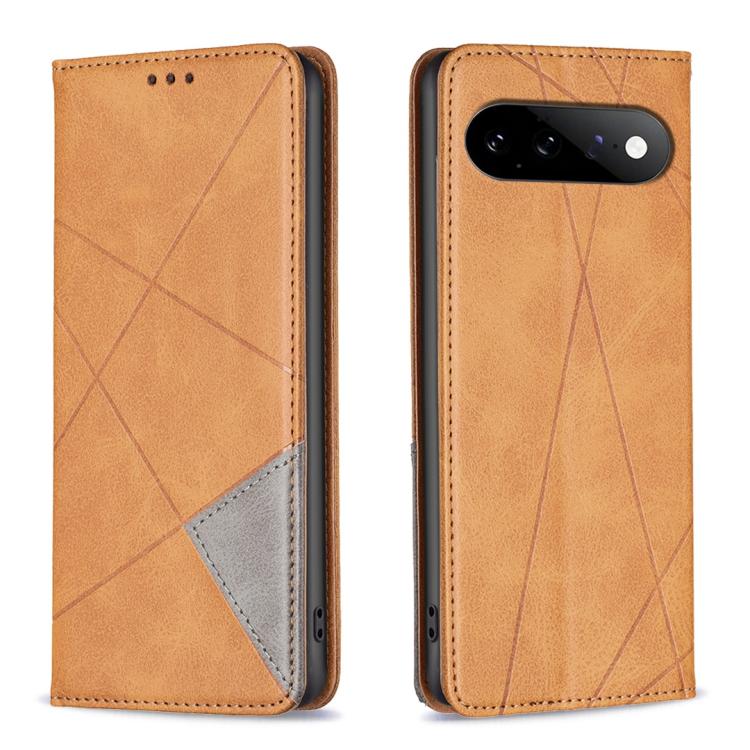Brown leather phone case with rhombus texture, magnetic closure, rear camera cutout
