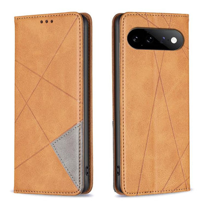 Brown leather phone case with rhombus texture, magnetic closure, rear camera cutout