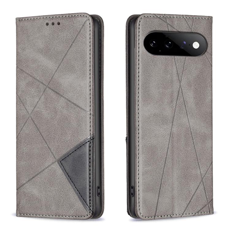 Dark grey leather phone case with rhombus texture, magnetic closure, rear camera cutout