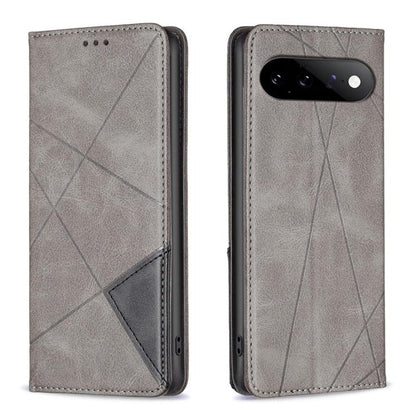 Dark grey leather phone case with rhombus texture, magnetic closure, rear camera cutout