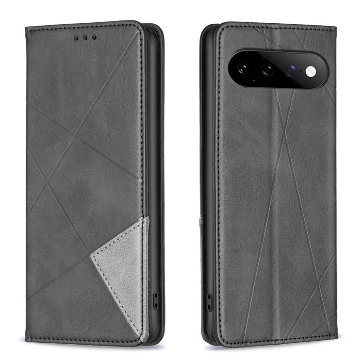 Charcoal leather phone case with rhombus texture, magnetic closure, rear camera cutout