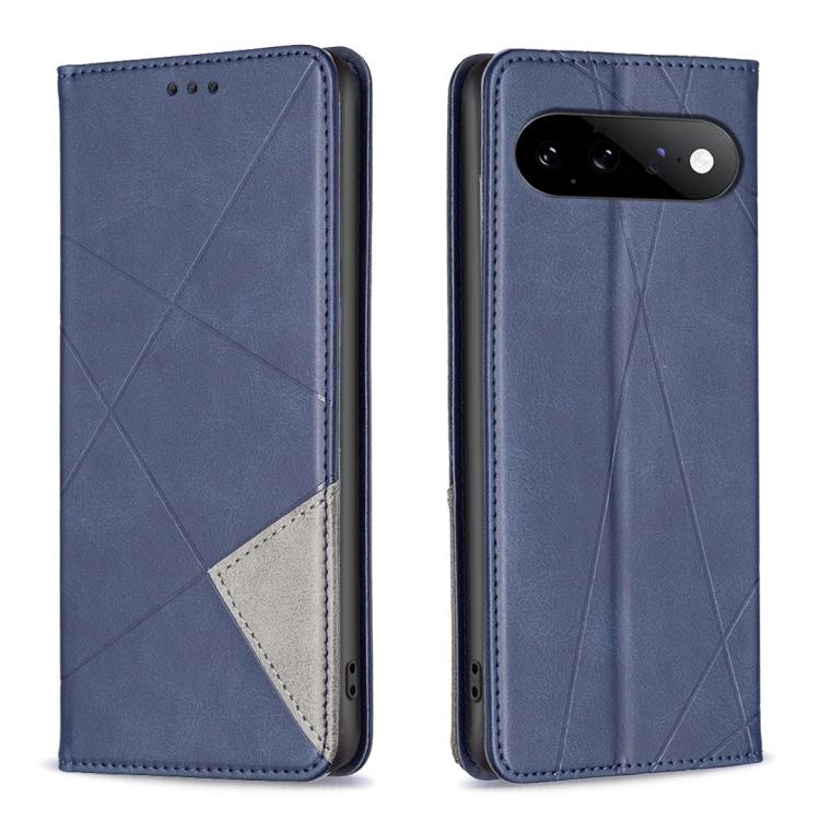 Navy blue leather phone case with rhombus texture, magnetic closure, rear camera cutout