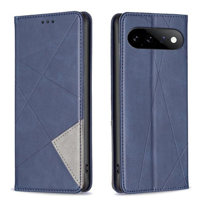 Navy blue leather phone case with rhombus texture, magnetic closure, rear camera cutout