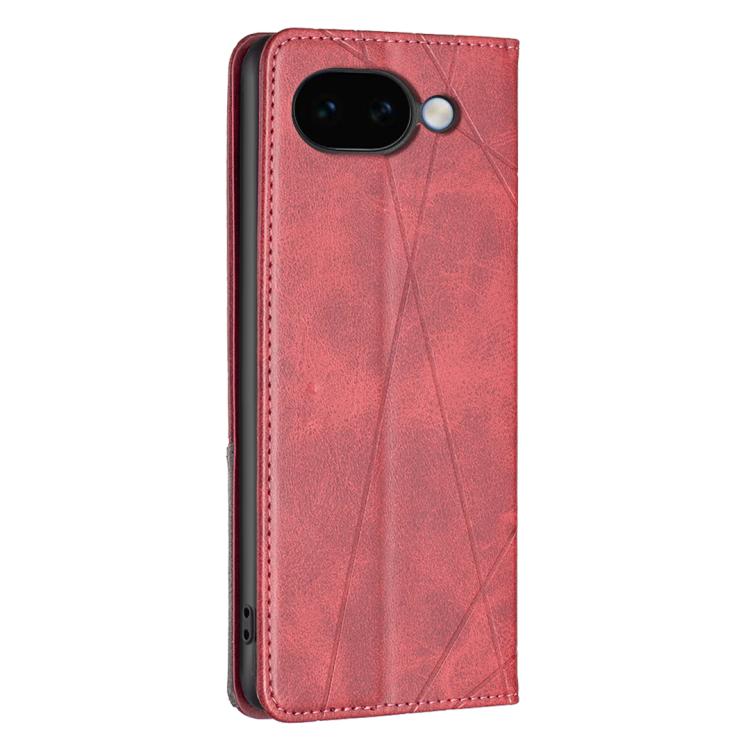 Red leather magnetic phone case with rhombus texture and cutouts for camera and buttons