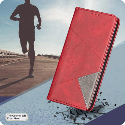 Red leather phone case with rhombus texture and gray card-slot panel