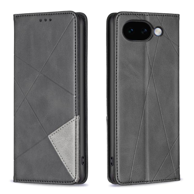 Grey leather phone case with rhombus texture, magnetic closure, rear camera cutout