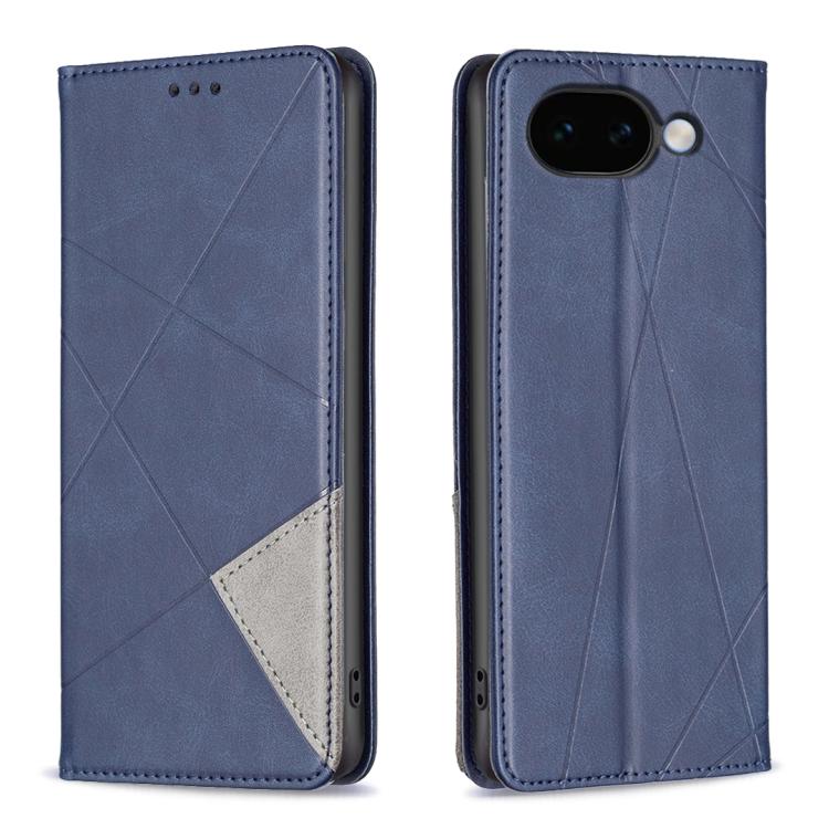 Blue leather phone case with rhombus texture, magnetic closure, rear camera cutout