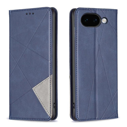 Blue leather phone case with rhombus texture, magnetic closure, rear camera cutout