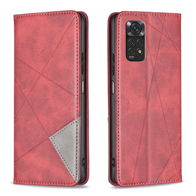 Rhombus-texture leather phone case with magnetic flap, red, card pocket, camera cutout