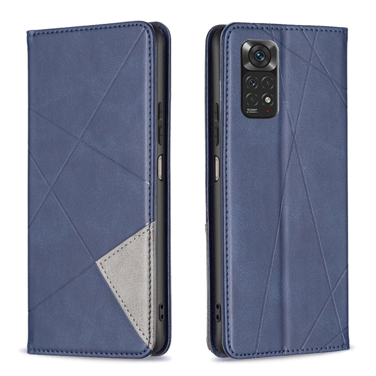 Magnetic leather phone case with rhombus texture, navy blue, two-tone inner pocket