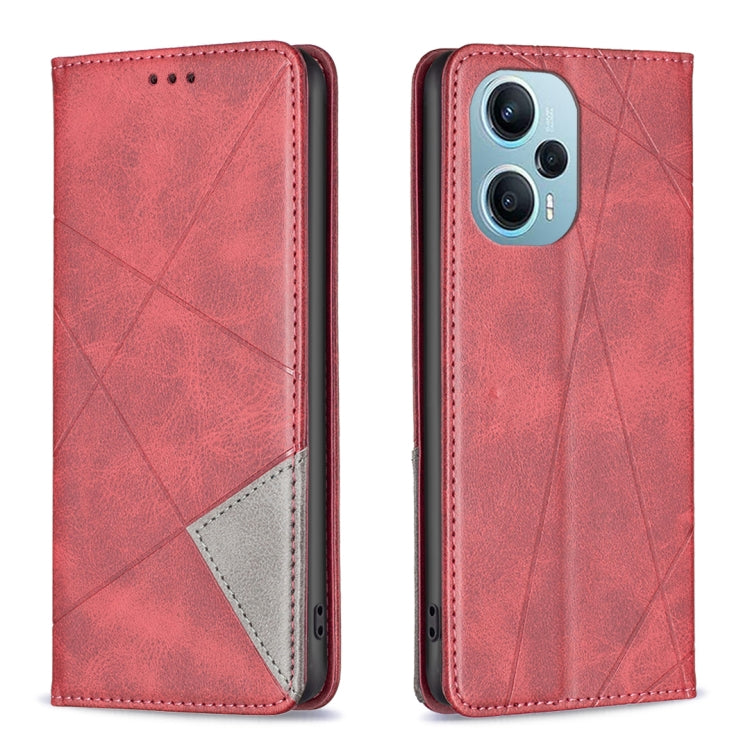 Rhombus-texture leather phone case with magnetic flap, red, card pocket, camera cutout