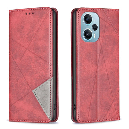 Rhombus-texture leather phone case with magnetic flap, red, card pocket, camera cutout