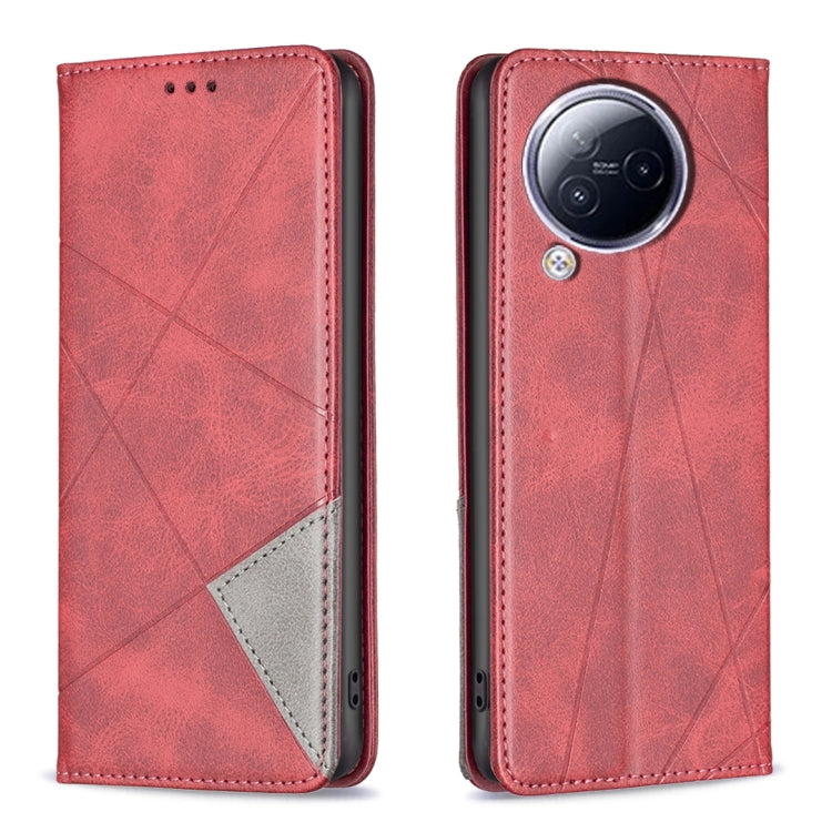 Magnetic leather phone case with rhombus texture, red, two-tone inner pocket