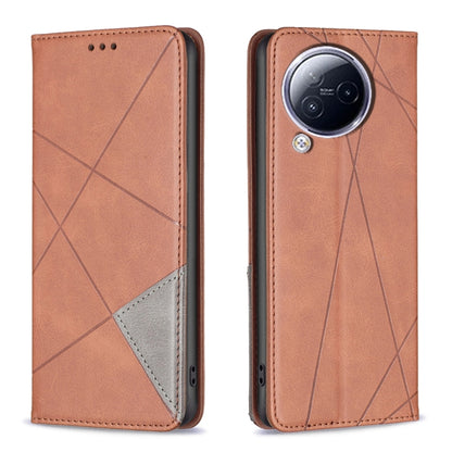 Magnetic leather phone case with rhombus texture, tan/brown, two-tone inner pocket