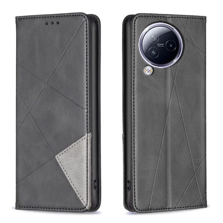 Magnetic leather phone case with rhombus texture, charcoal black, camera cutout