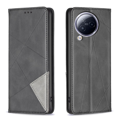 Magnetic leather phone case with rhombus texture, charcoal black, camera cutout