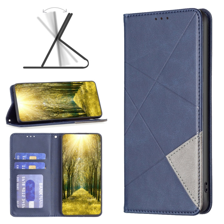 Rhombus-texture leather phone case with magnetic flap, blue, card pocket, camera cutout