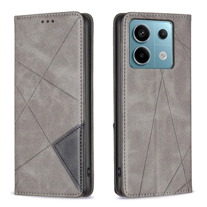 Grey rhombus texture magnetic leather phone case with flip cover and camera cutout
