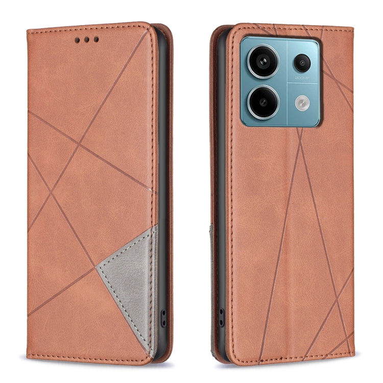 Orange-brown rhombus texture magnetic leather phone case with flip cover and camera cutout