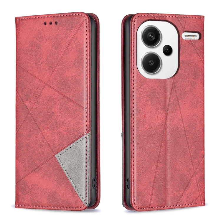 Red leather phone case with rhombus texture, magnetic flap and card pocket