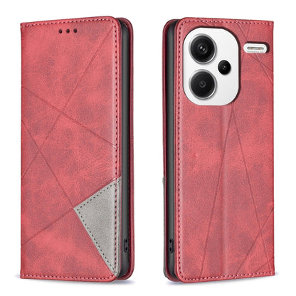 Red leather phone case with rhombus texture, magnetic flap and card pocket