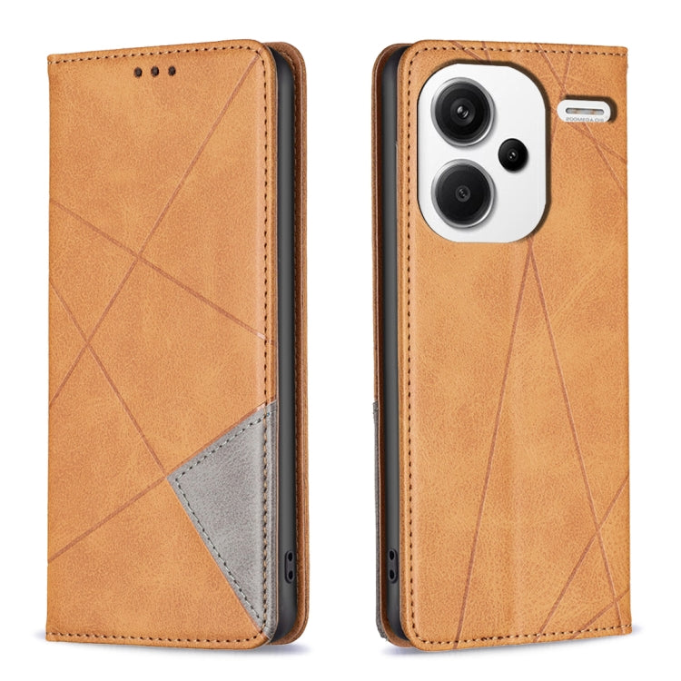 Tan leather phone case with rhombus texture, magnetic flap and card pocket