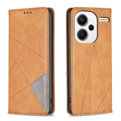 Tan leather phone case with rhombus texture, magnetic flap and card pocket