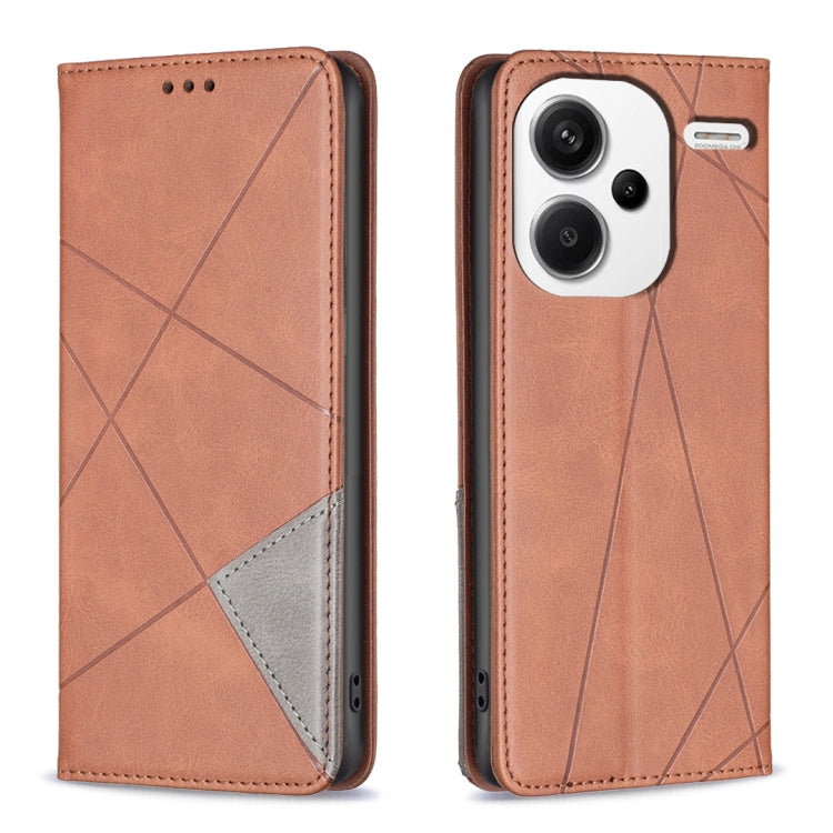 Cognac leather phone case with rhombus texture, magnetic flap and card pocket