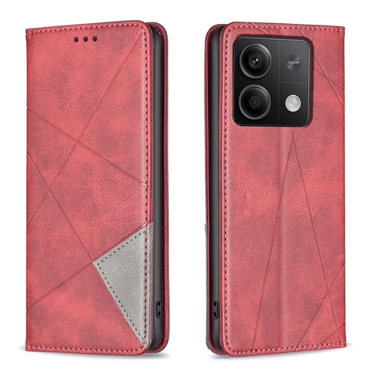 Rhombus-texture magnetic leather phone case, red, front and camera-cutout back view