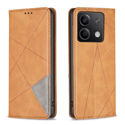 Rhombus-texture magnetic leather phone case, tan, front and camera-cutout back view