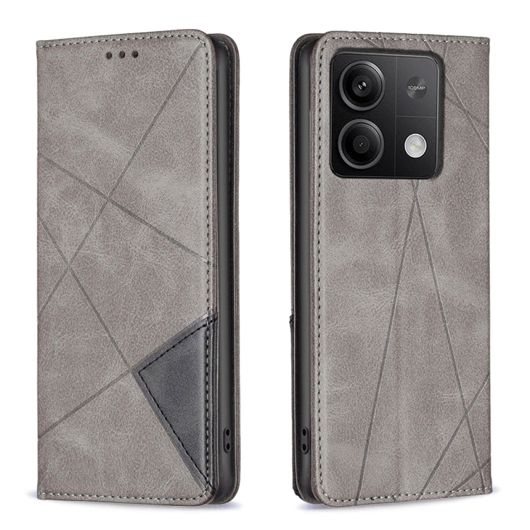 Rhombus-texture magnetic leather phone case, gray, front and camera-cutout back view