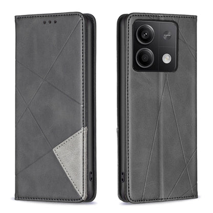 Rhombus-texture magnetic leather phone case, dark gray, front and camera-cutout back view