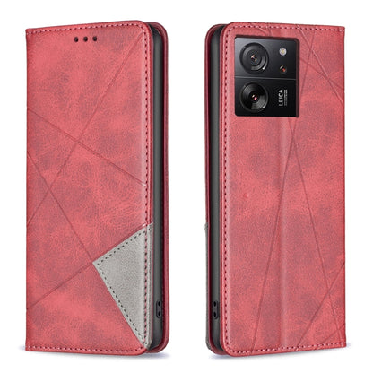 Red rhombus texture magnetic leather phone case with flip cover and camera cutout