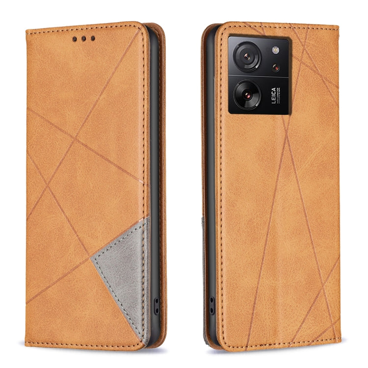 Light tan rhombus texture magnetic leather phone case with flip cover and camera cutout