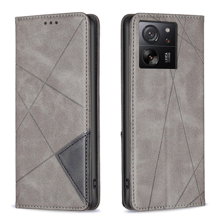 Light grey rhombus texture magnetic leather phone case with flip cover and camera cutout