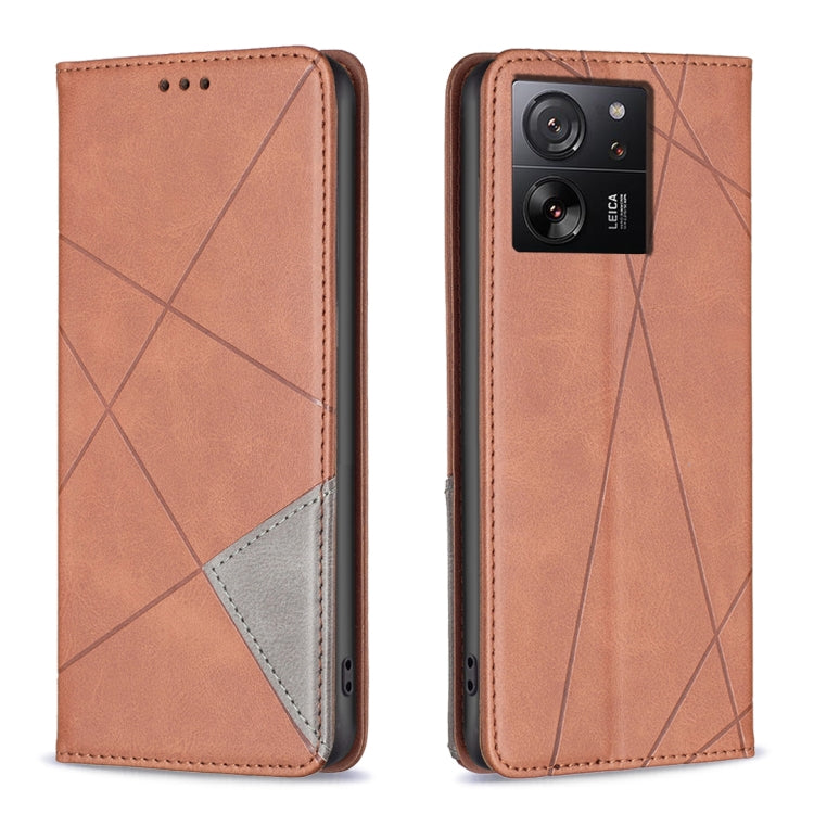 Rose-brown rhombus texture magnetic leather phone case with flip cover and camera cutout