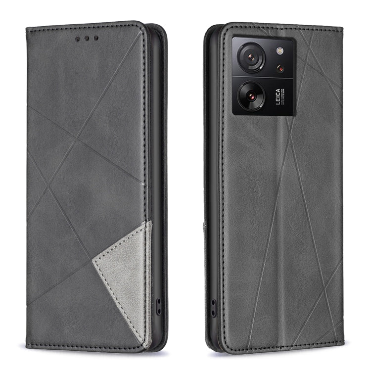 Charcoal grey rhombus texture magnetic leather phone case with flip cover and camera cutout