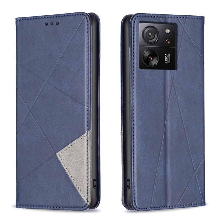 Magnetic leather phone case with rhombus texture, blue folio with light interior pocket