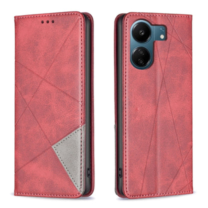 Rhombus-texture magnetic leather phone case, red folio style with camera opening