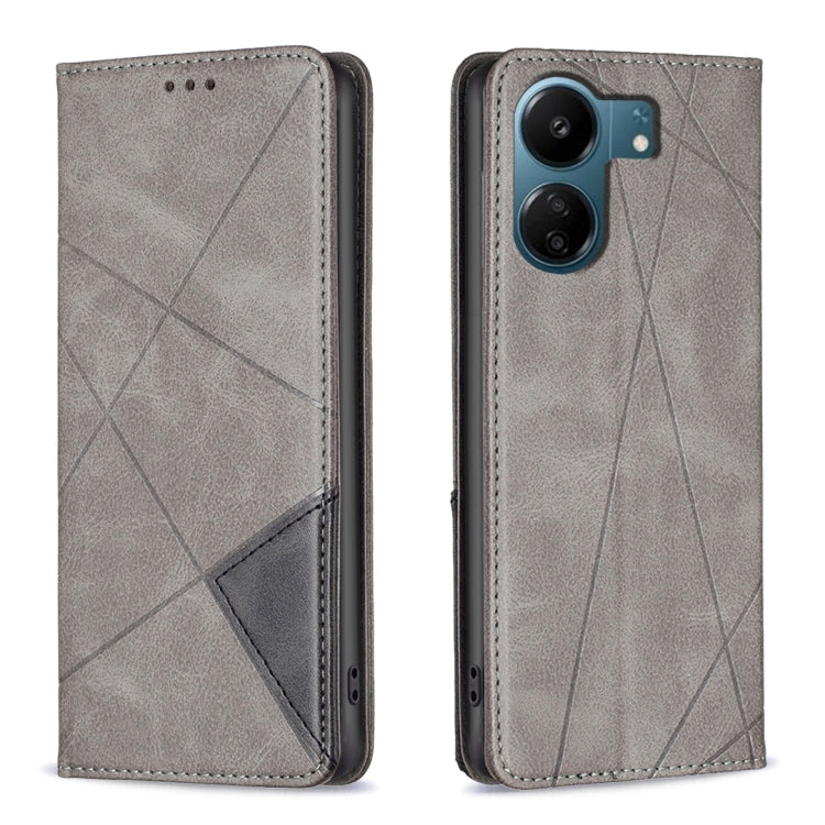 Rhombus-texture magnetic leather phone case, light gray folio style with camera opening