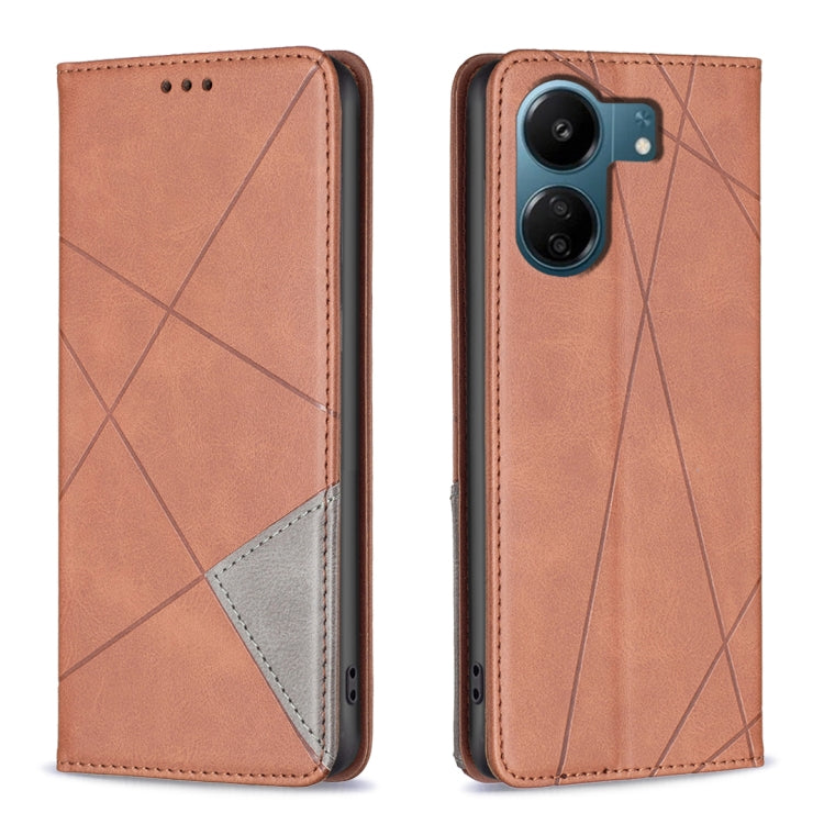 Brown leather phone case with rhombus texture, magnetic flap and card pocket