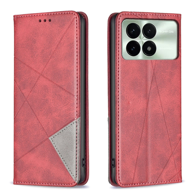 Magnetic leather phone case with rhombus texture, red folio with light interior pocket