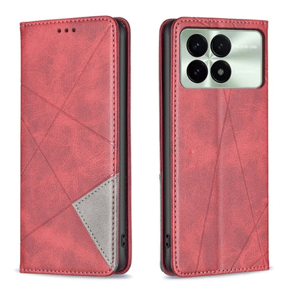 Magnetic leather phone case with rhombus texture, red folio with light interior pocket
