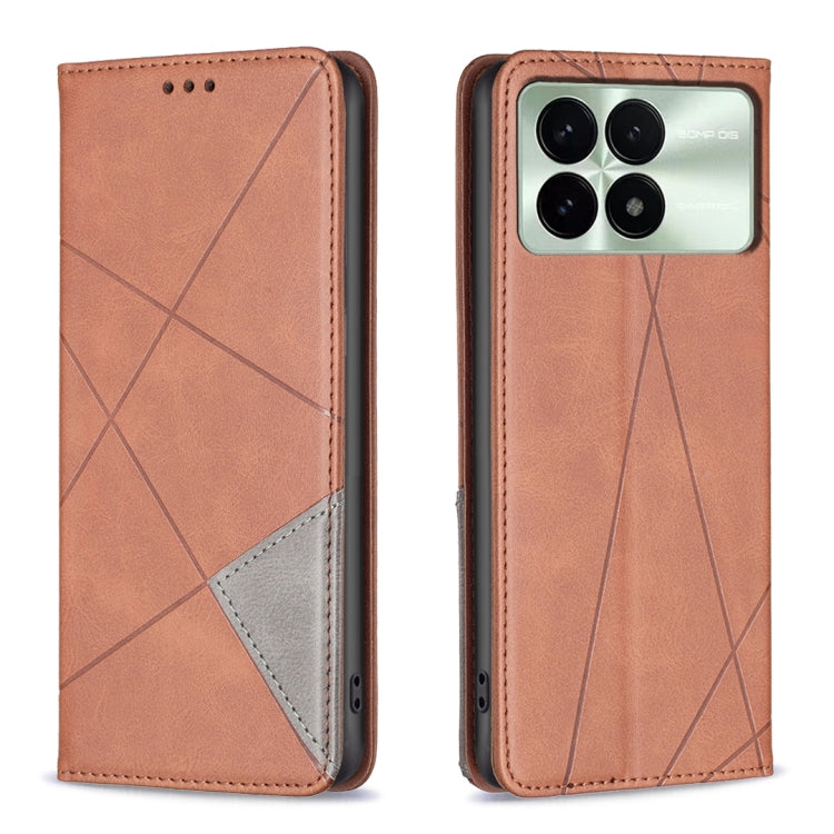 Magnetic leather phone case with rhombus texture, orange-brown folio with light interior pocket