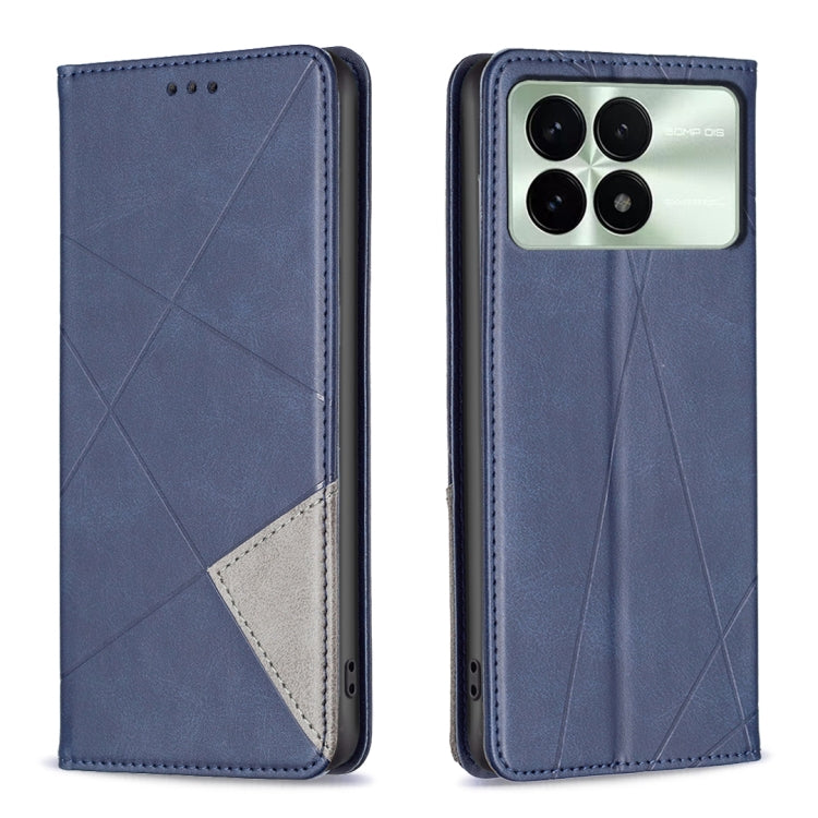 Magnetic leather phone case with rhombus texture, blue folio with light interior pocket