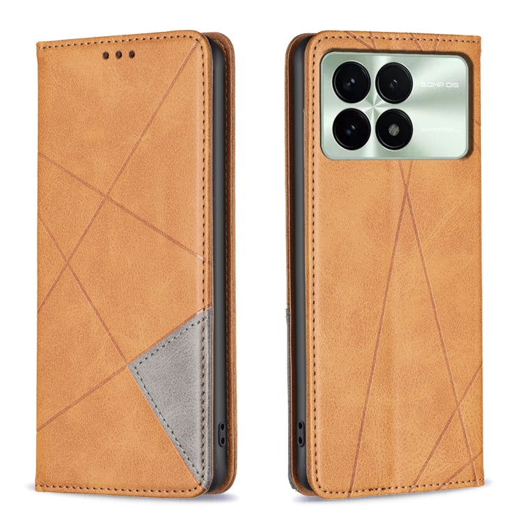 Magnetic leather phone case with rhombus texture, tan flip cover with magnetic closure.