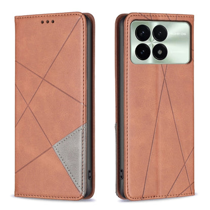 Magnetic leather phone case with rhombus texture, orange flip cover with side openings.